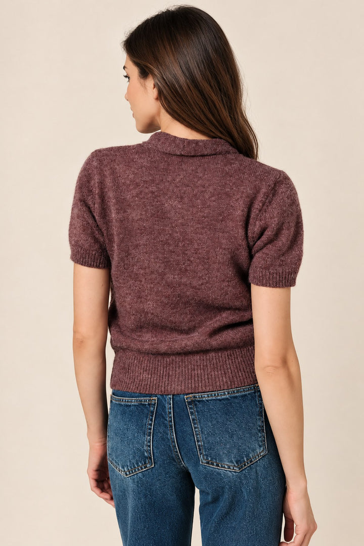 Scarf Neck Short Sleeve Button Down Sweater Top