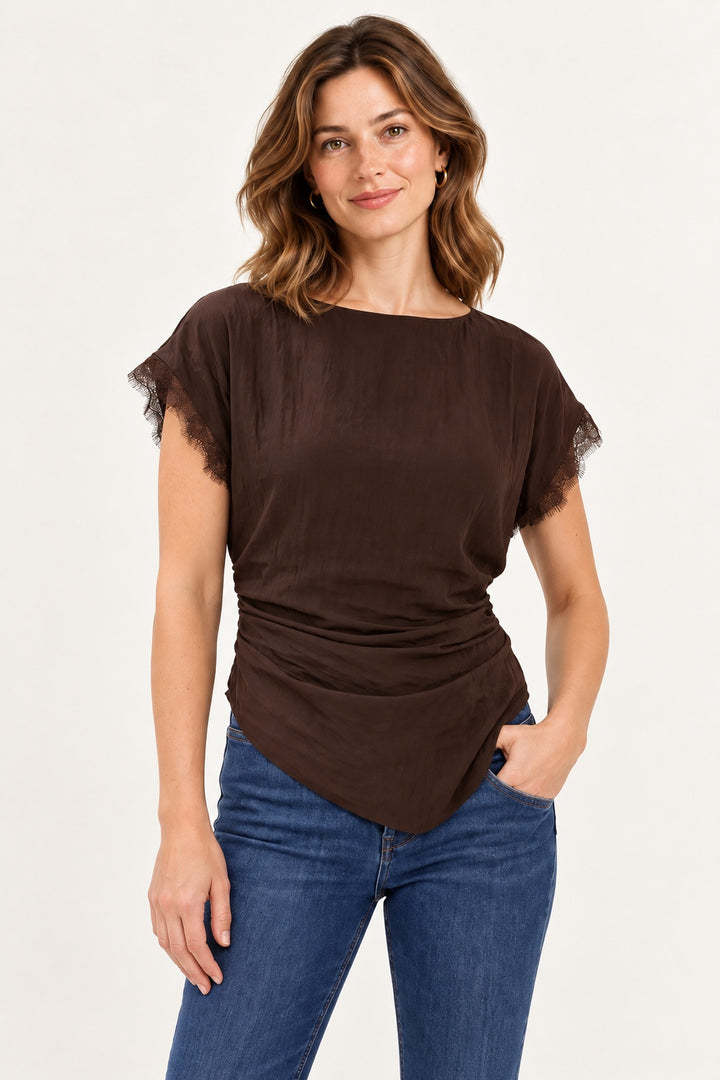 Lace Trim Draped Waist Short Sleeve Fall Blouse
