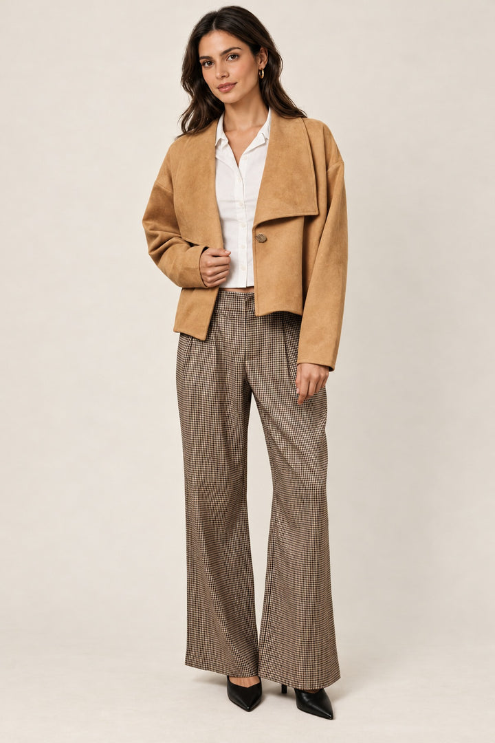 Flapped Neck Long Sleeve Bubble Hem Suede Jacket