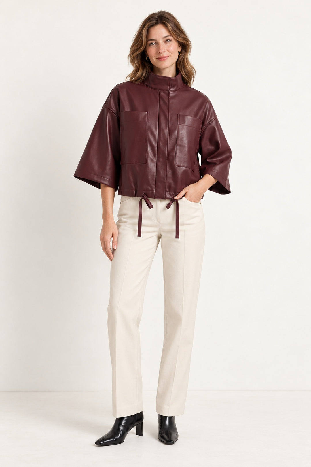 Drawstring Hem Boxy Vegan Leather Fall Jacket