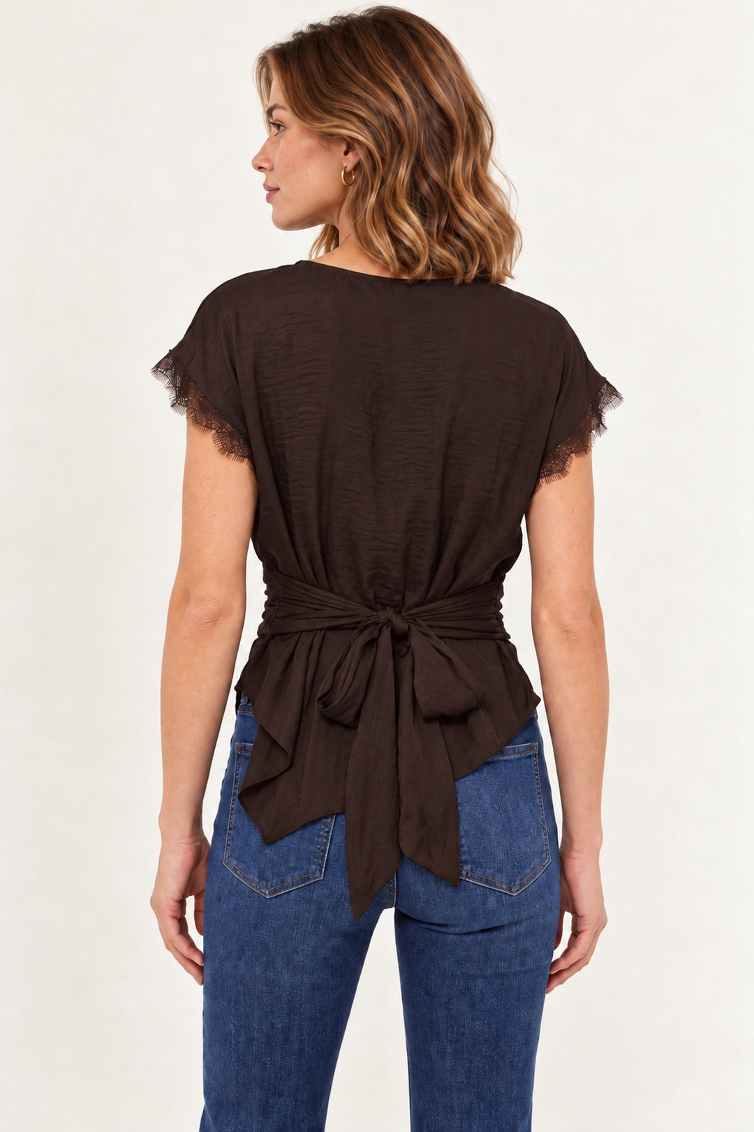 Lace Trim Draped Waist Short Sleeve Fall Blouse