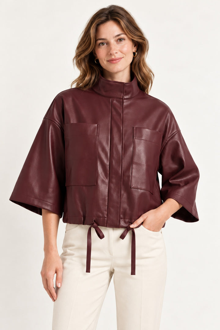 Drawstring Hem Boxy Vegan Leather Fall Jacket