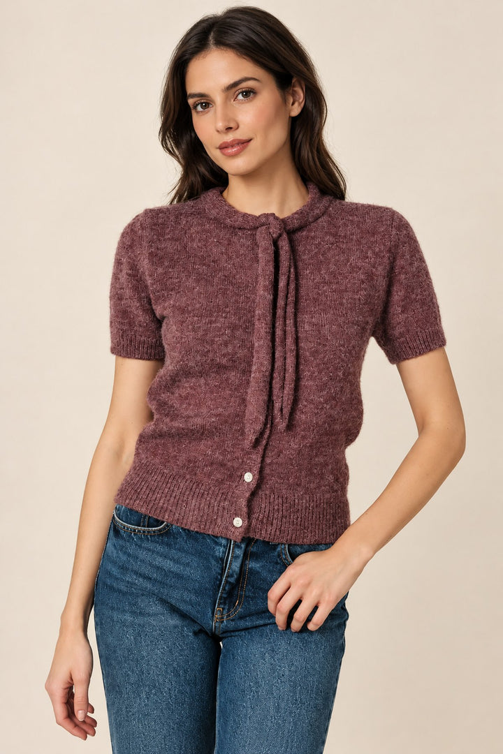 Scarf Neck Short Sleeve Button Down Sweater Top