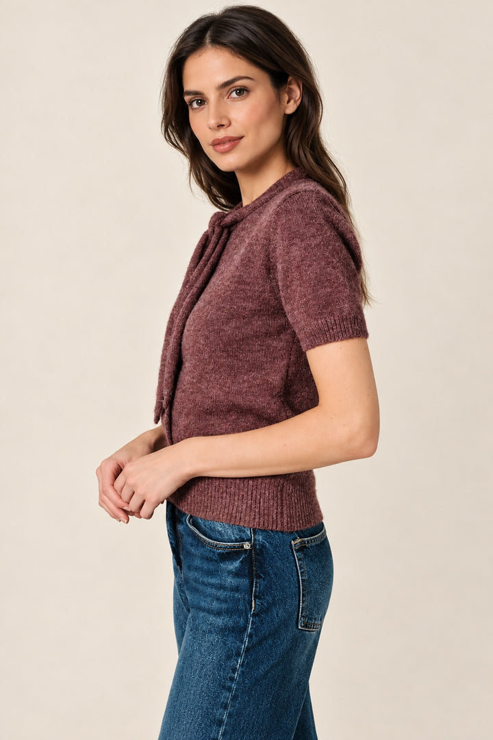 Scarf Neck Short Sleeve Button Down Sweater Top