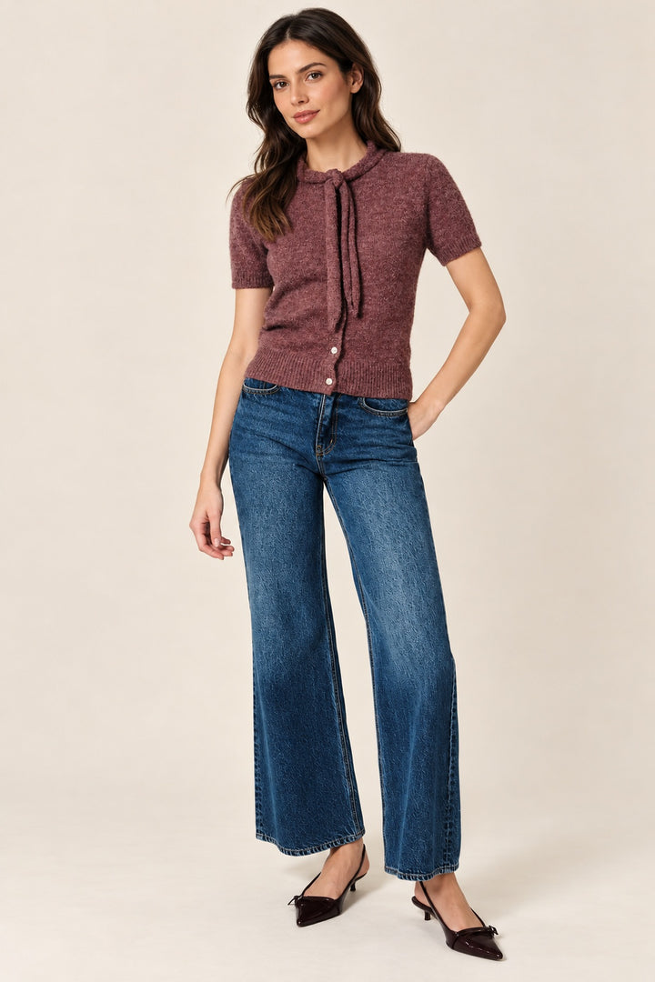 Scarf Neck Short Sleeve Button Down Sweater Top