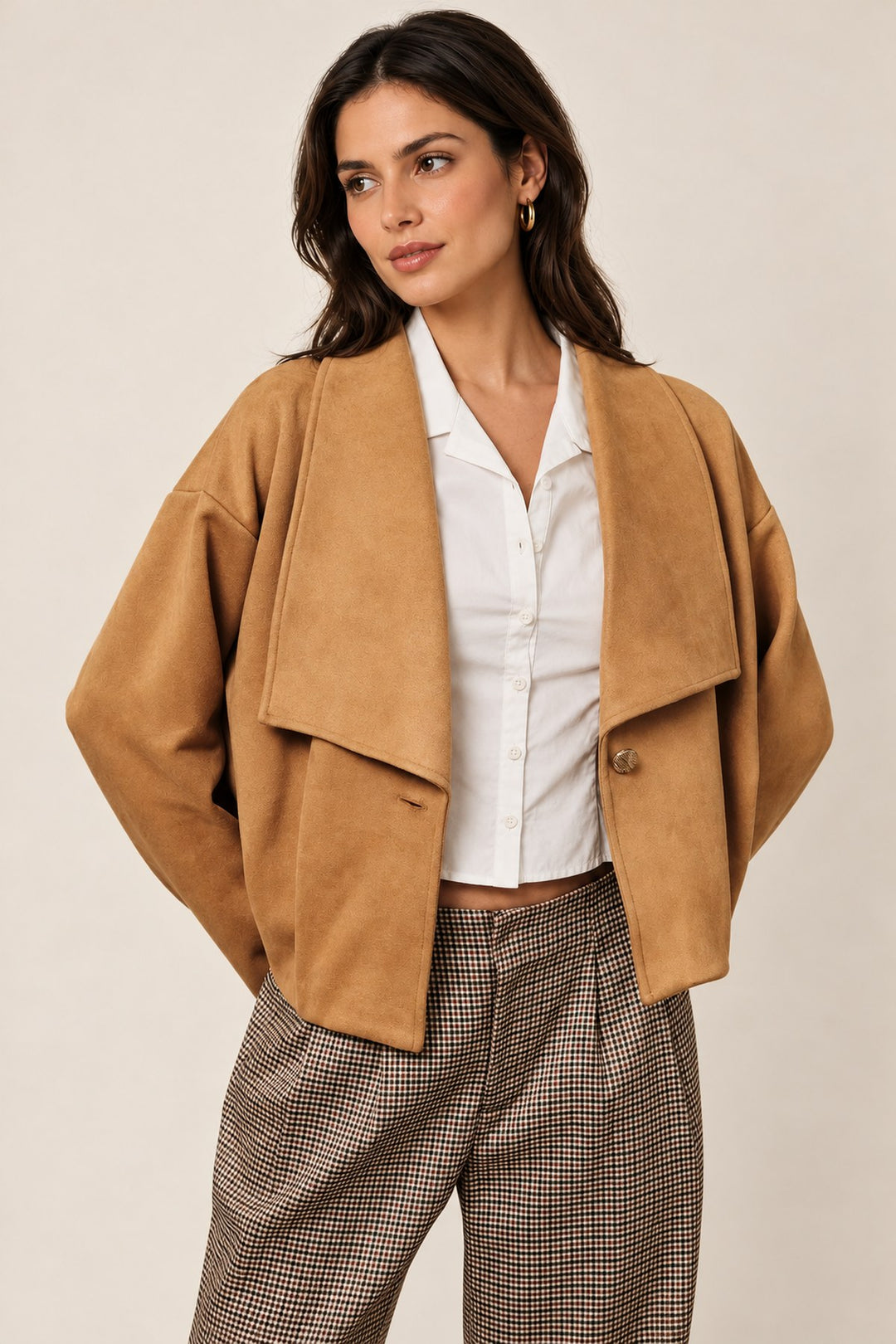 Flapped Neck Long Sleeve Bubble Hem Suede Jacket