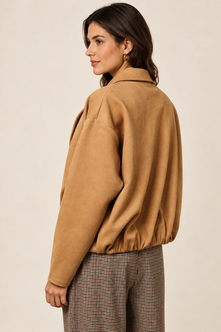 Flapped Neck Long Sleeve Bubble Hem Suede Jacket