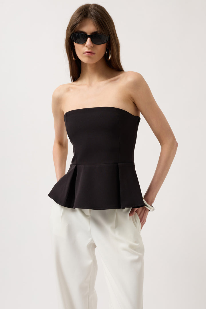 Pleated Strapless Blouse - Black