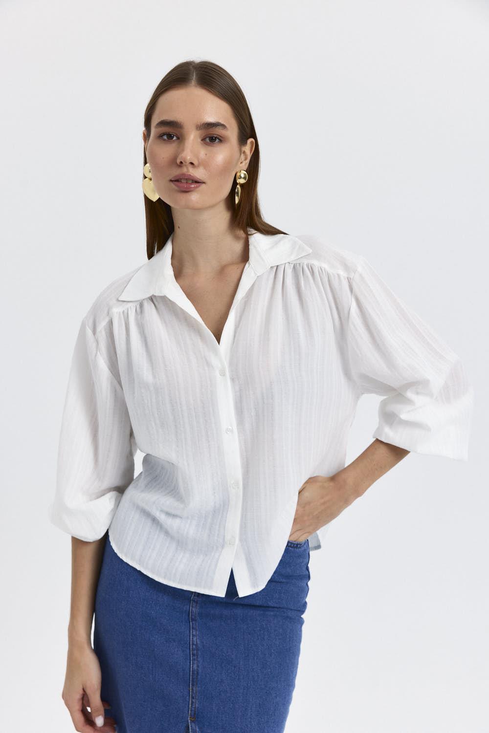 V-Neck Long Sleeve Women's Shirt - White