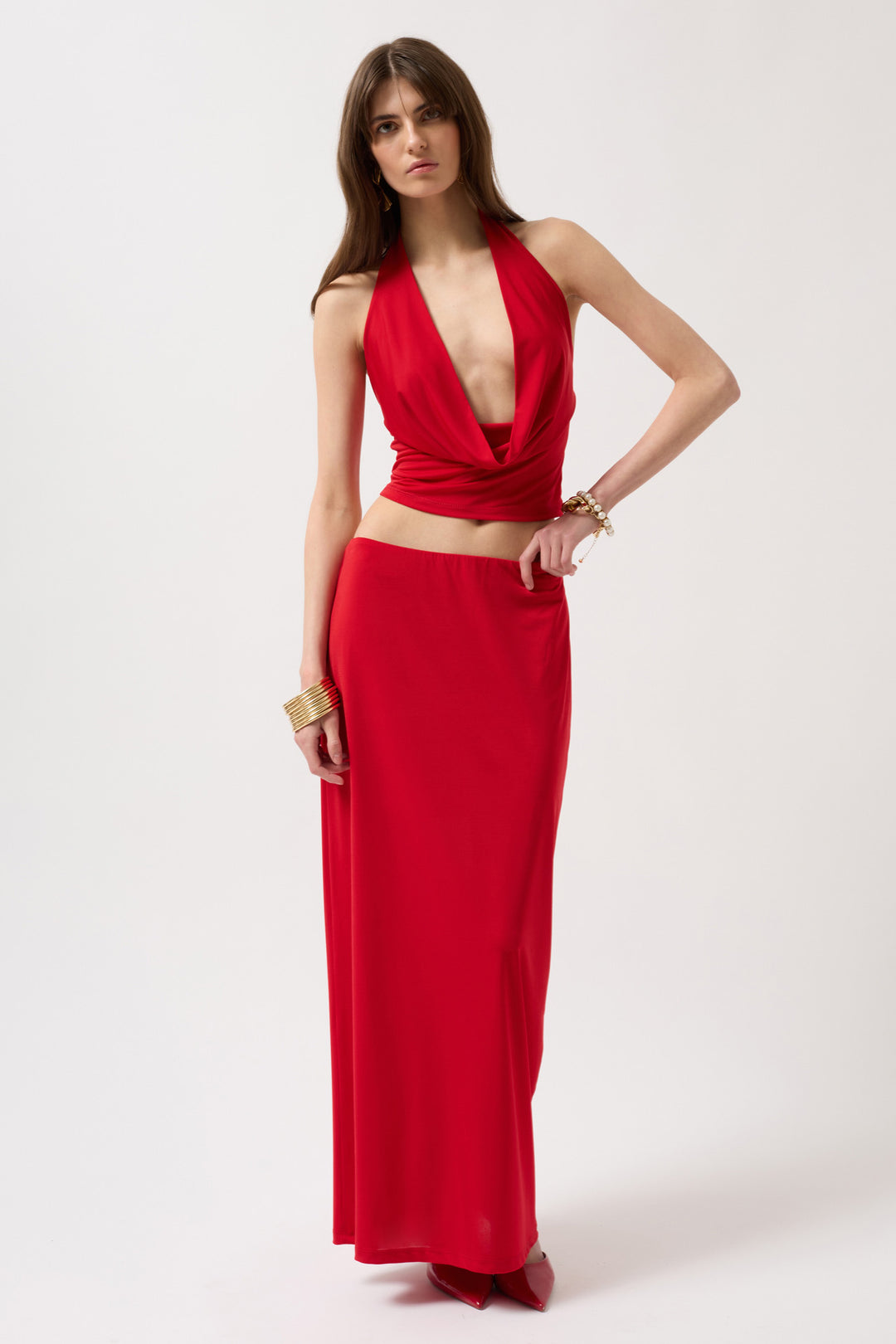 Draped Collar Crop Blouse - Red