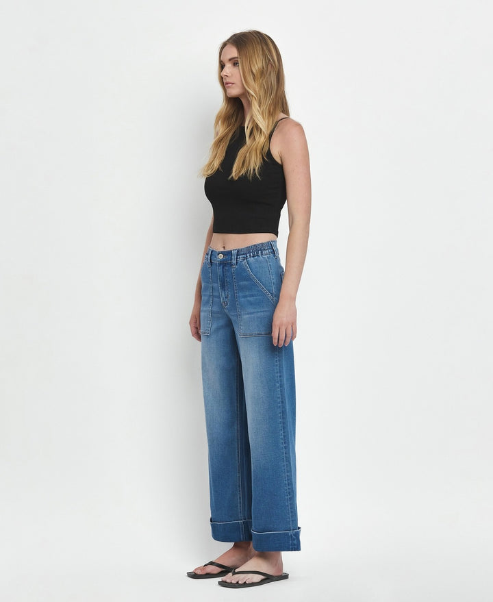 High Rise Double Cuffed Baggy Wide Jeans - Vervet By Flying Monkey