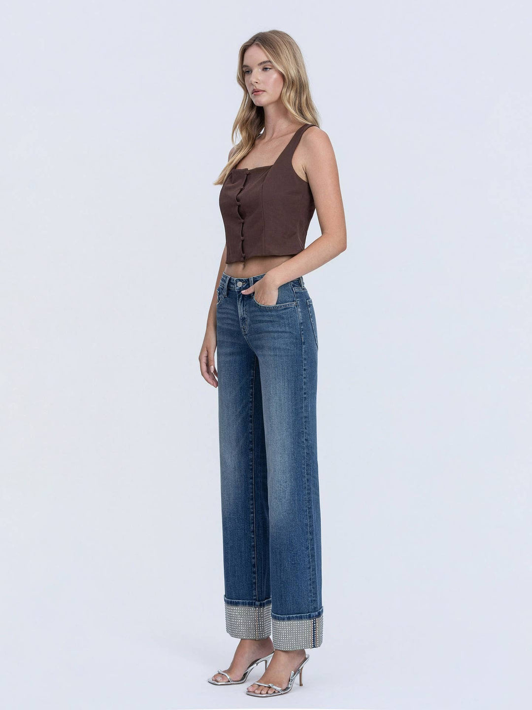 Mid Rise Mineral Silver Cuffed Slim Wide Jeans