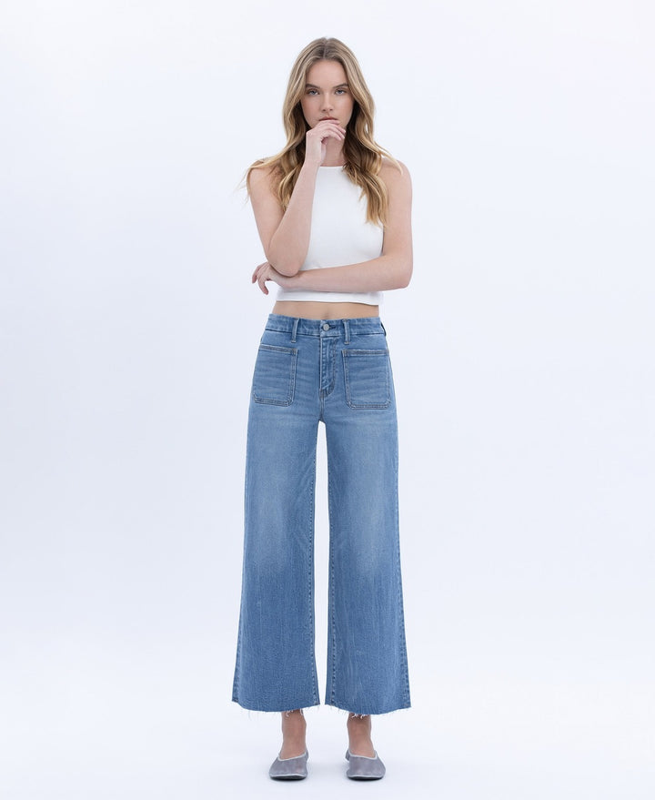 High Rise Comfort Waistband Crop Wide Jeans - Vervet By Flying Monkey