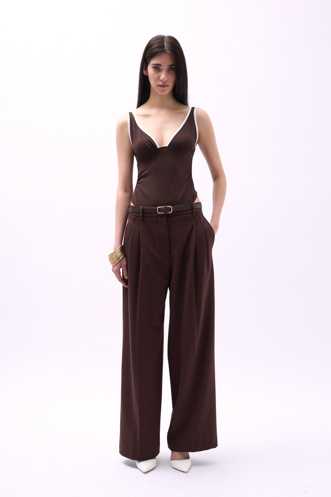 V-Neck Bib Detail Bodysuit - Brown