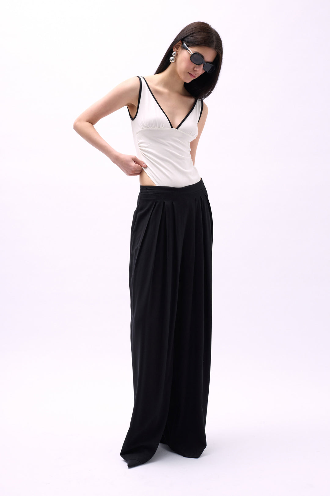 V-Neck Bib Detail Bodysuit - White