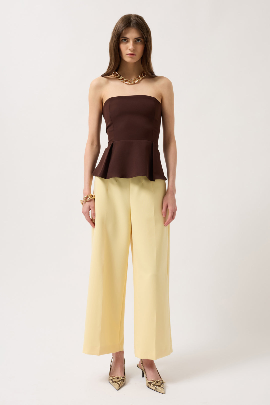Pleated Strapless Blouse - Brown