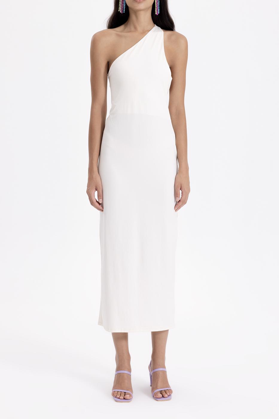 one shoulder white midi dress