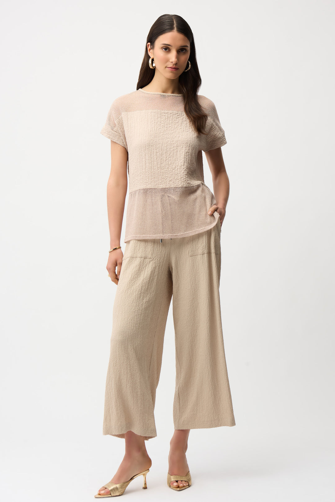 Seersucker and Mesh Boxy Top With Boat Neckline - Joseph Ribkoff