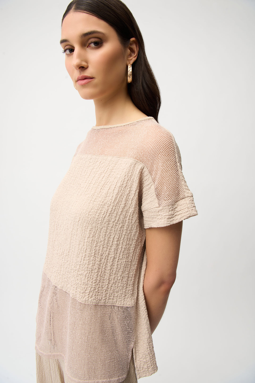 Seersucker and Mesh Boxy Top With Boat Neckline - Joseph Ribkoff
