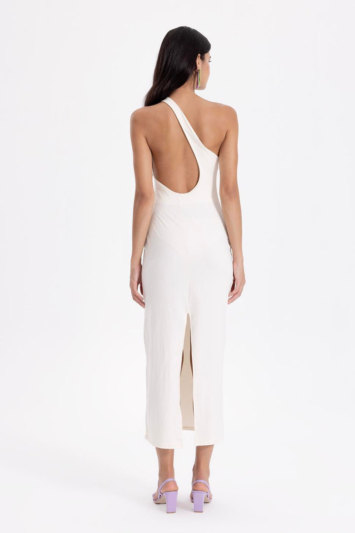 one shoulder white midi dress