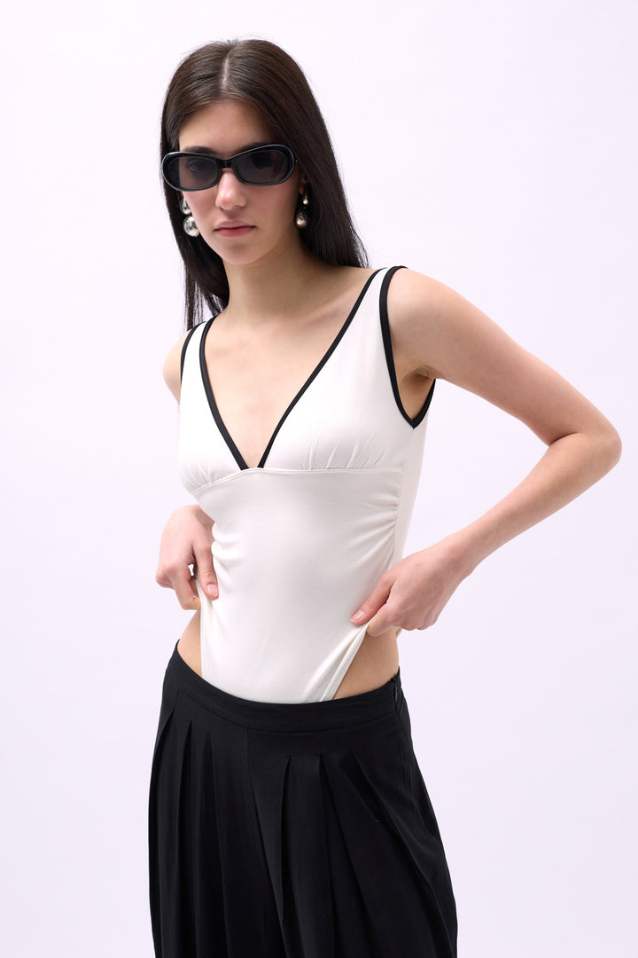 V-Neck Bib Detail Bodysuit - White