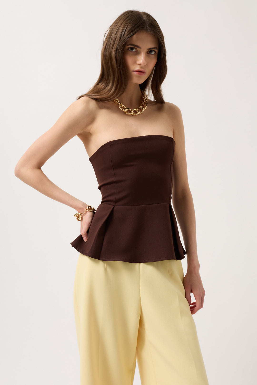 Pleated Strapless Blouse - Brown