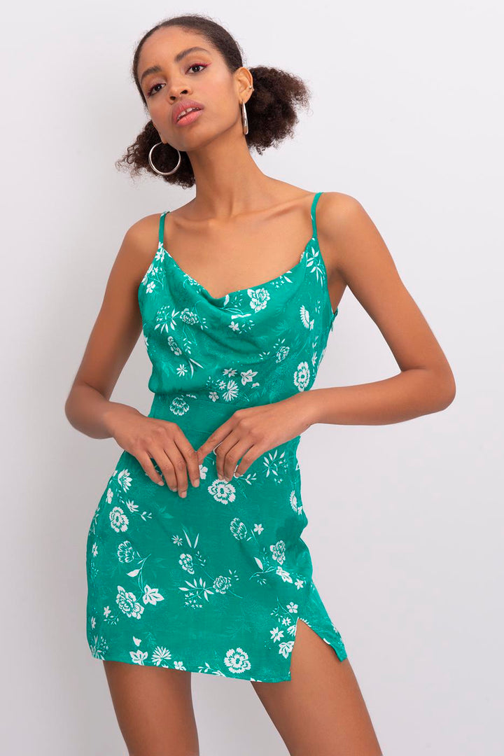 Cowl Neck Green Mini Dress