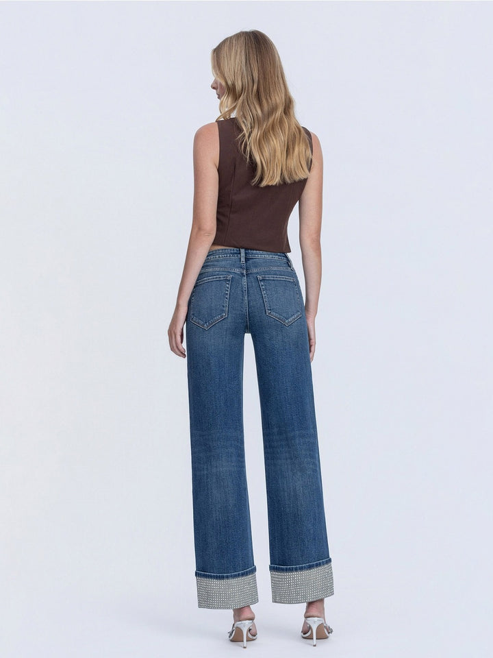 Mid Rise Mineral Silver Cuffed Slim Wide Jeans