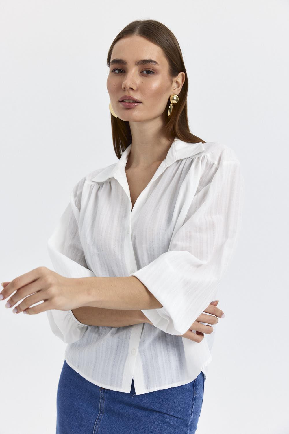 V-Neck Long Sleeve Women's Shirt - White