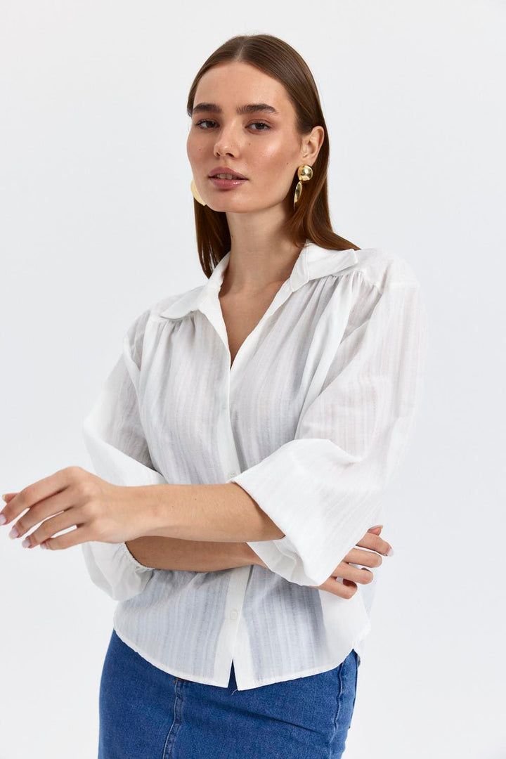 V-Neck Long Sleeve Women's Shirt - White