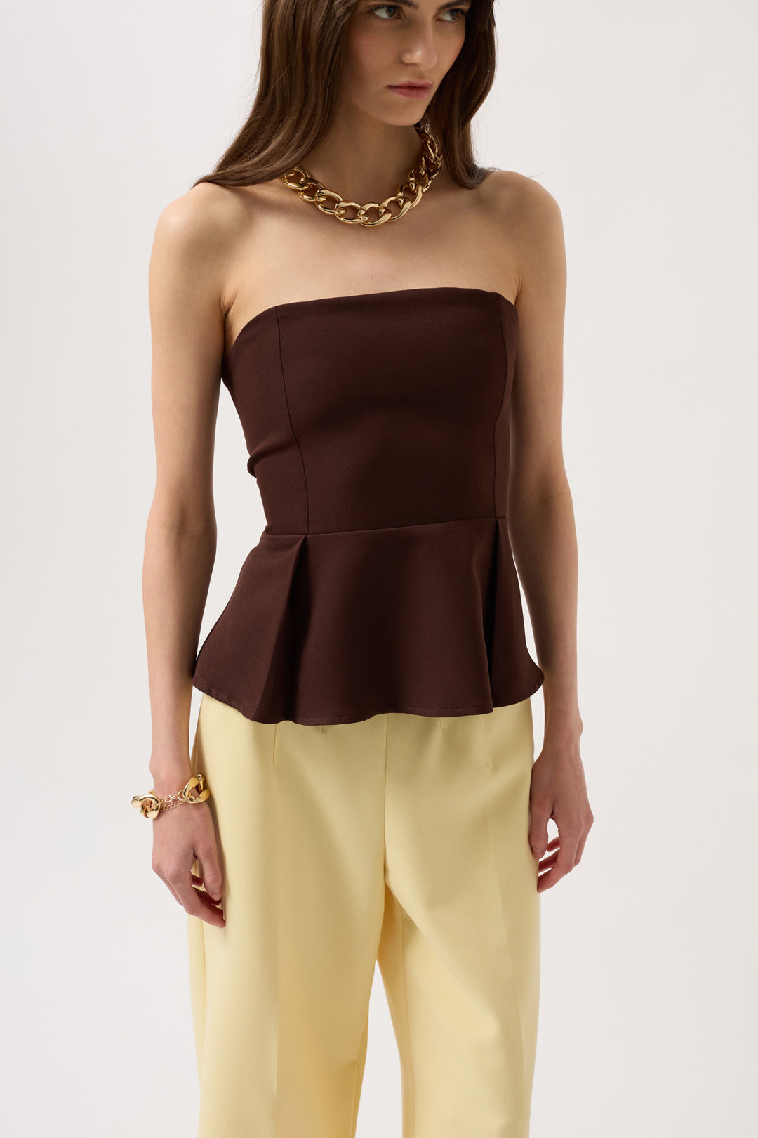 Pleated Strapless Blouse - Brown