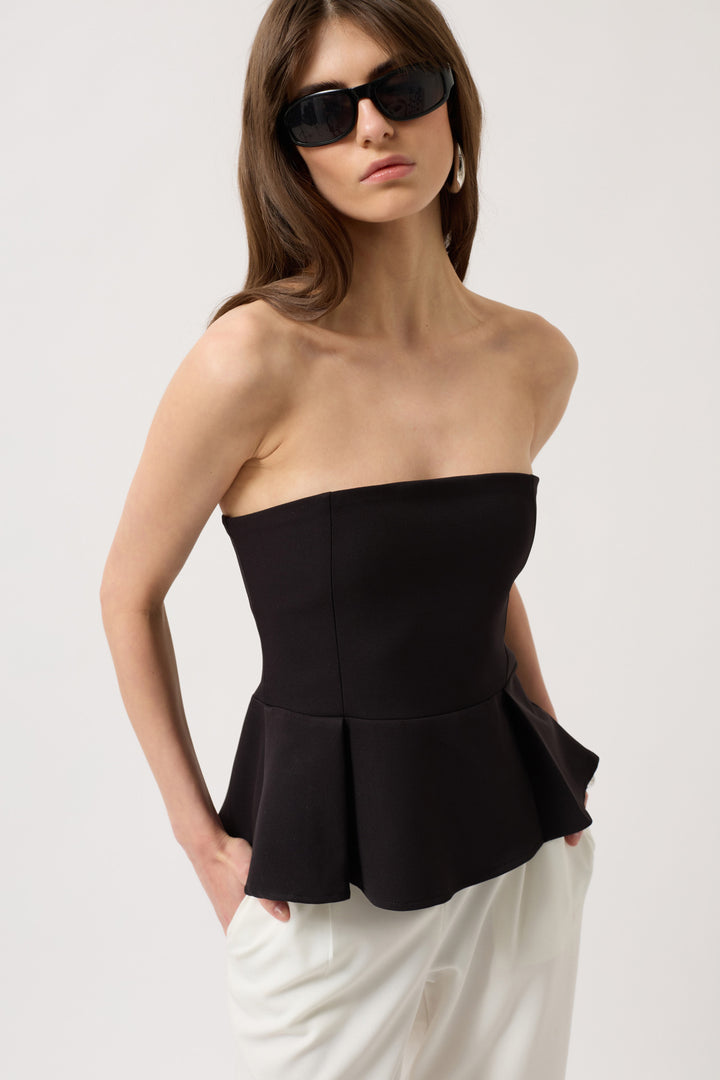 Pleated Strapless Blouse - Black