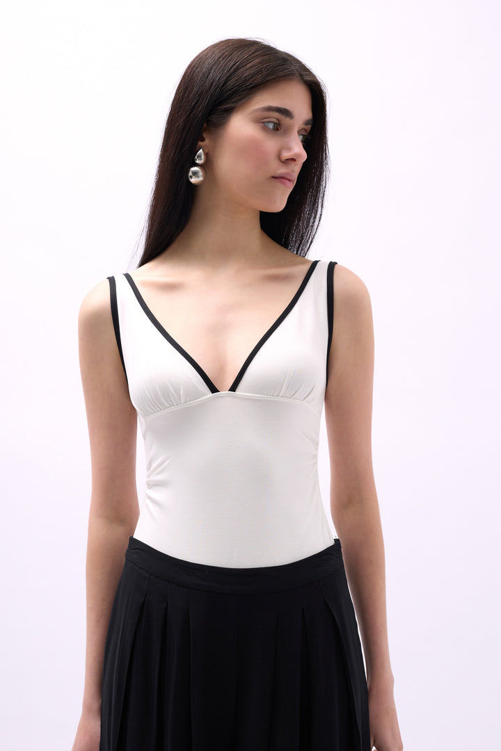 V-Neck Bib Detail Bodysuit - White