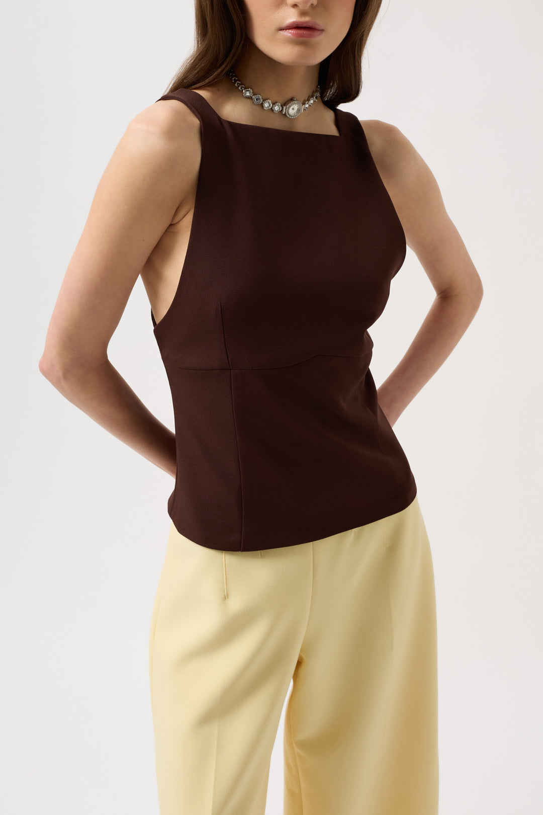 Back Ribbon Detail Blouse - Brown