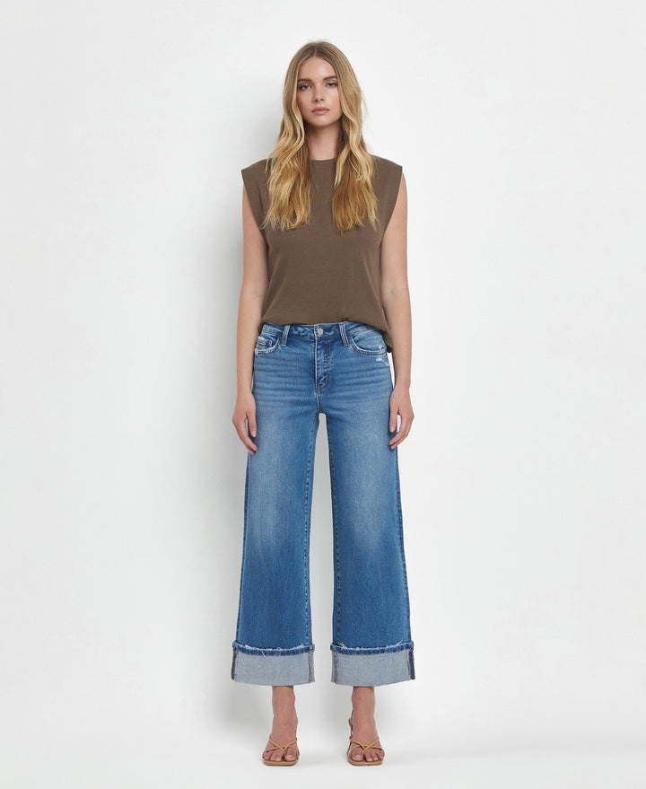 High Rise Cuffed Wide Leg Jeans - Flying Monkey