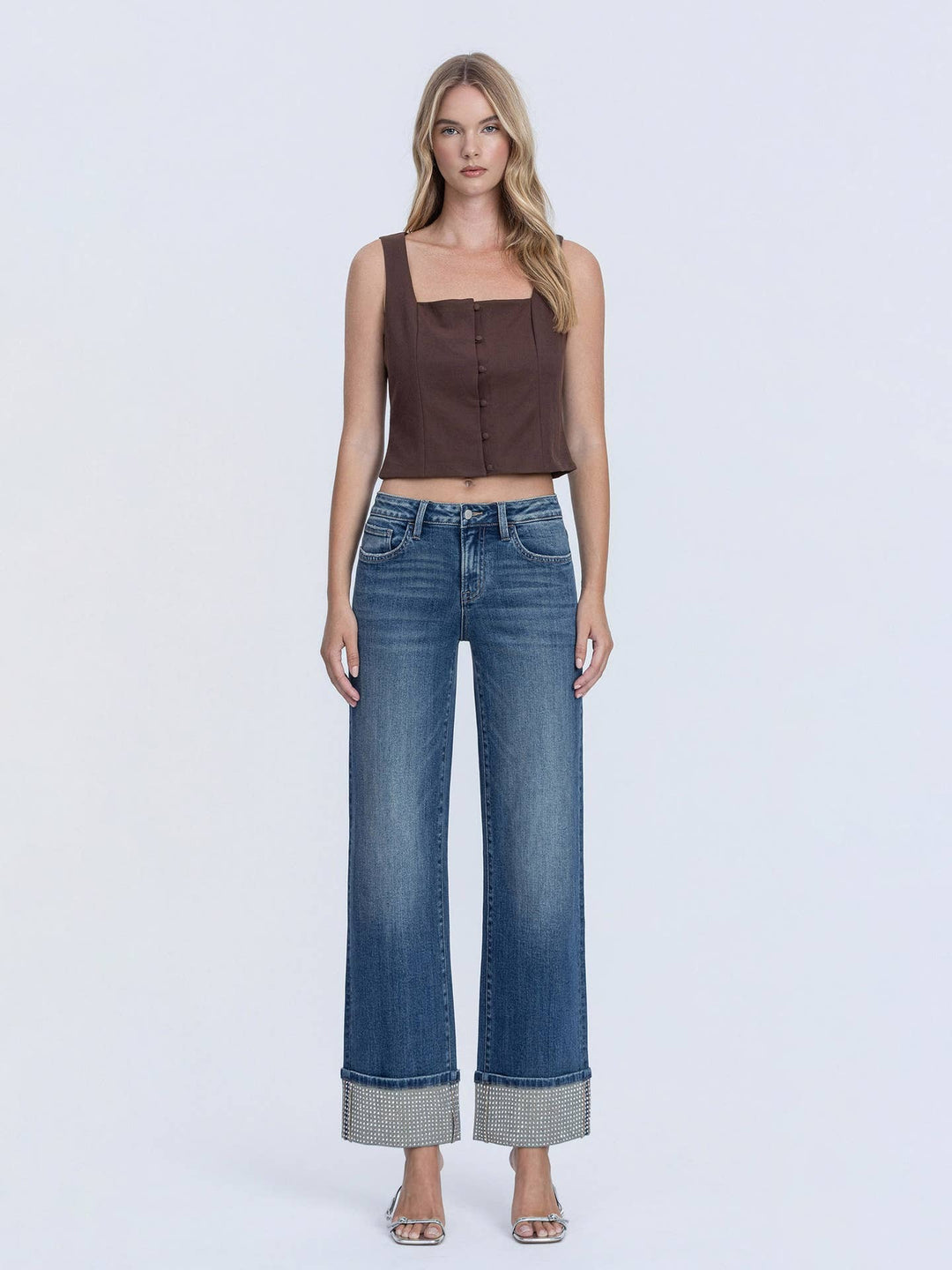 Mid Rise Mineral Silver Cuffed Slim Wide Jeans