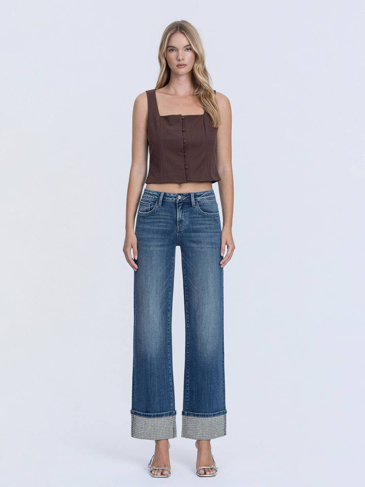 Mid Rise Mineral Silver Cuffed Slim Wide Jeans