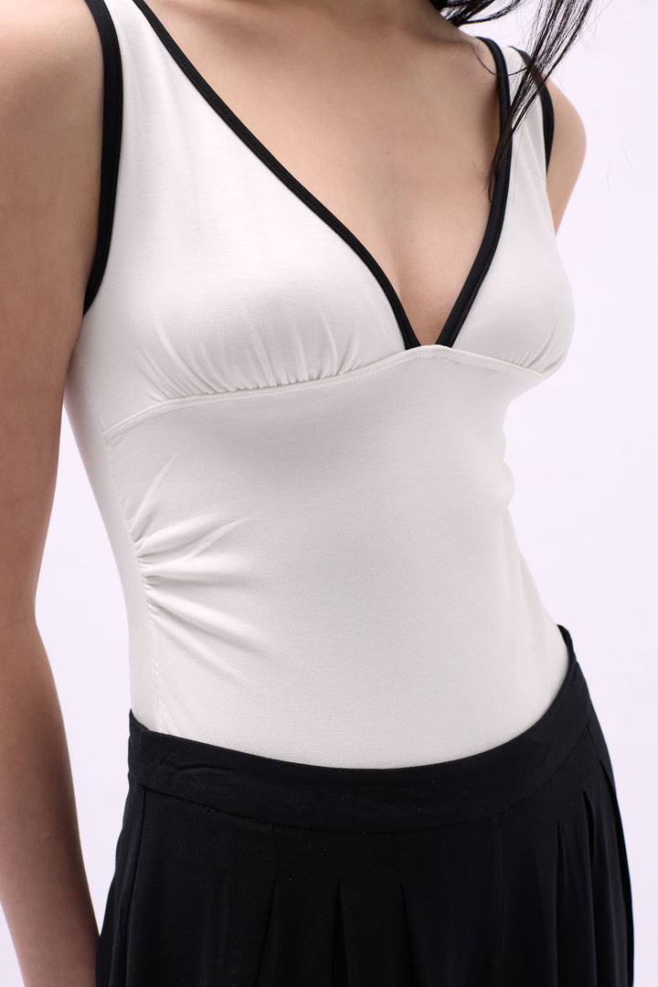 V-Neck Bib Detail Bodysuit - White