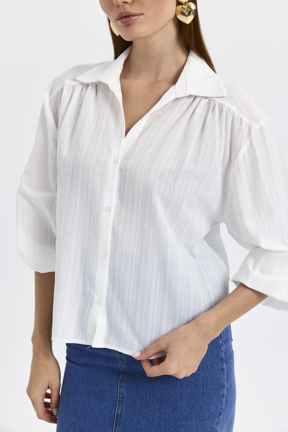 V-Neck Long Sleeve Women's Shirt - White