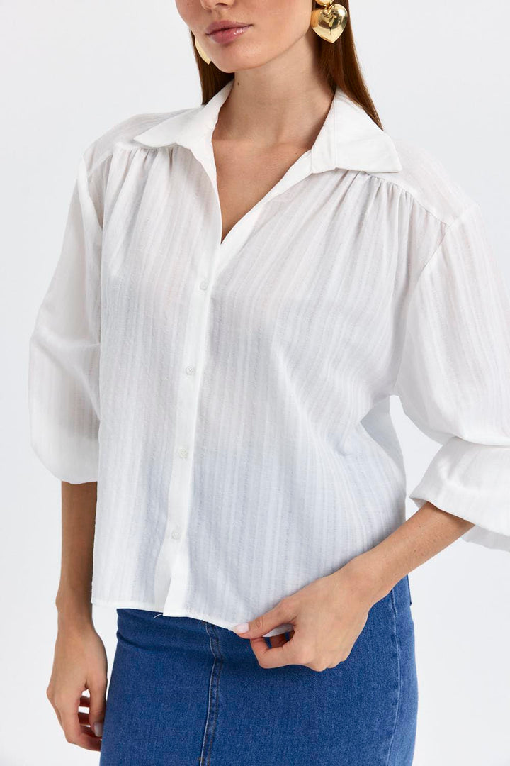 V-Neck Long Sleeve Women's Shirt - White