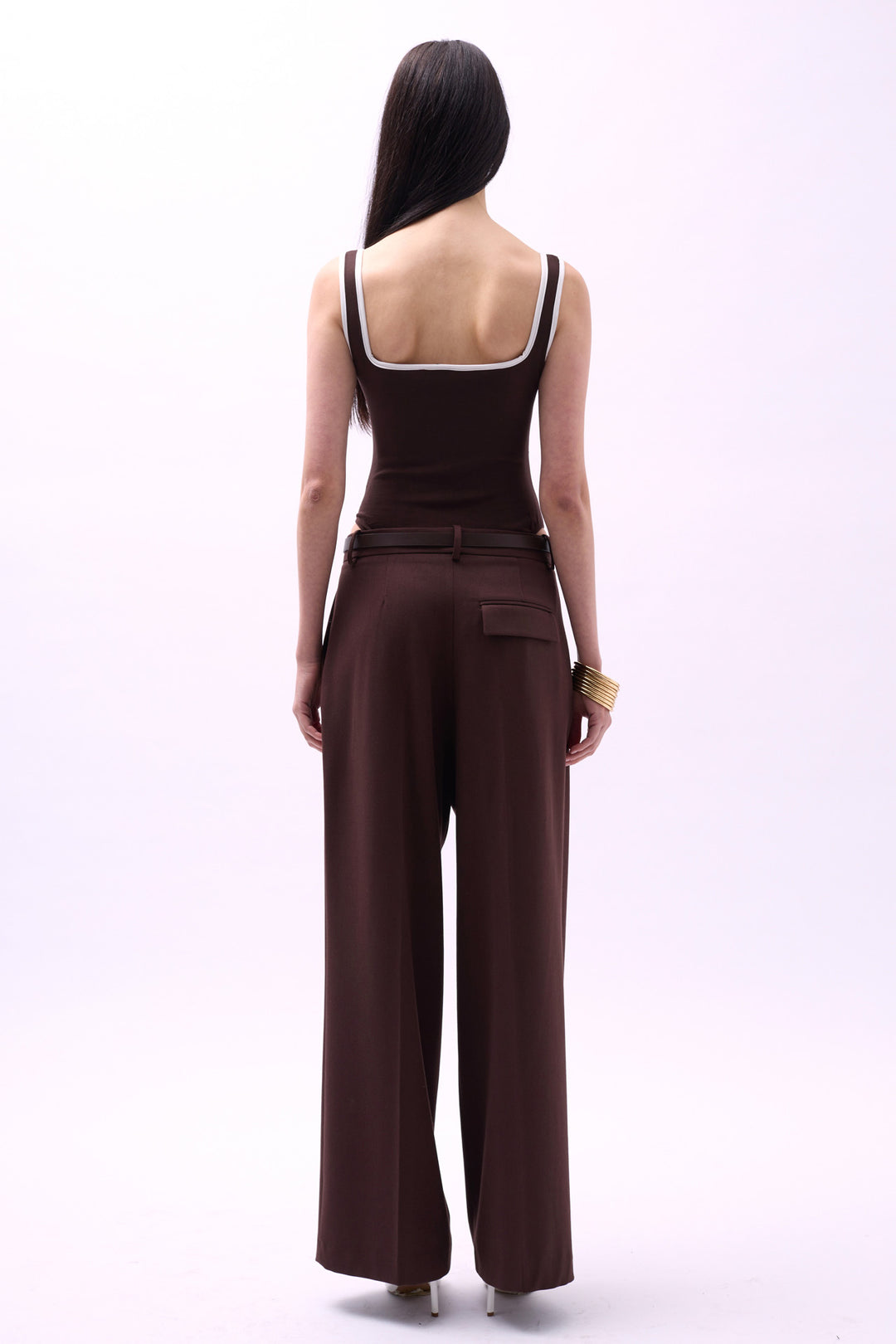 V-Neck Bib Detail Bodysuit - Brown