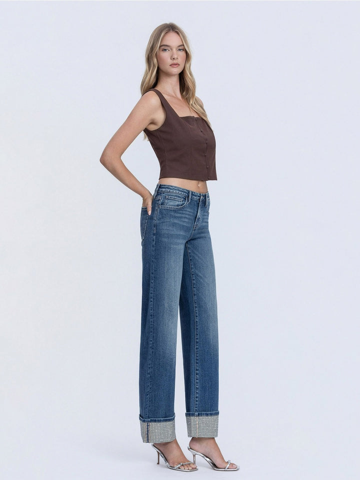 Mid Rise Mineral Silver Cuffed Slim Wide Jeans