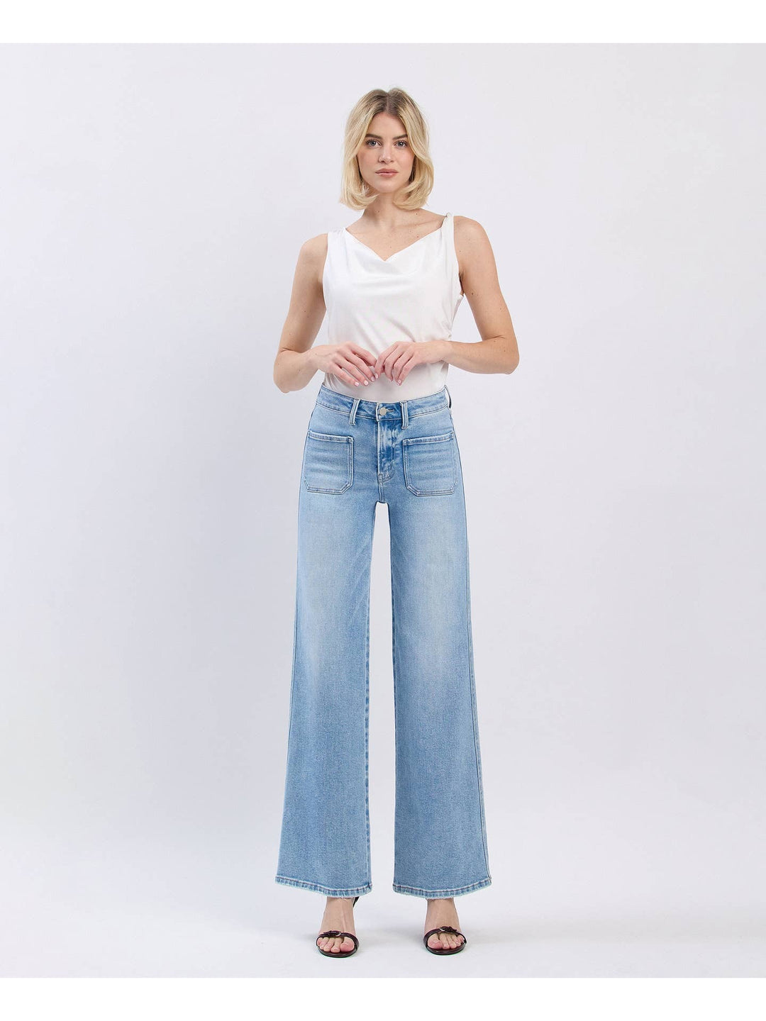 High Rise Patch Pocket Wide Leg Jeans - Flying Monkey