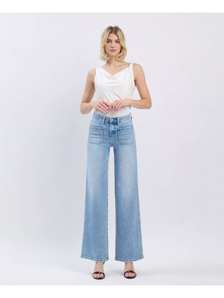 High Rise Patch Pocket Wide Leg Jeans - Flying Monkey