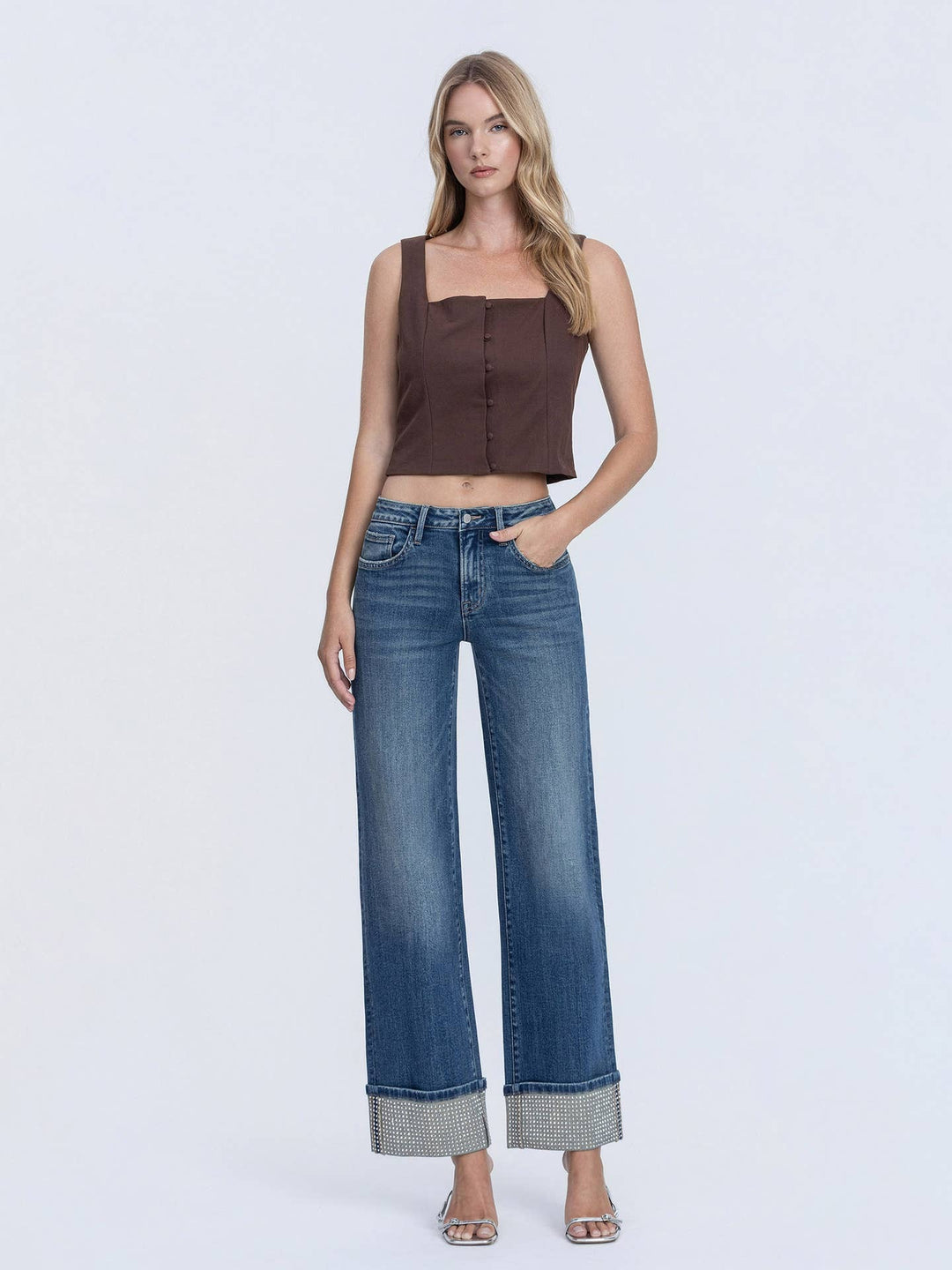 Mid Rise Mineral Silver Cuffed Slim Wide Jeans