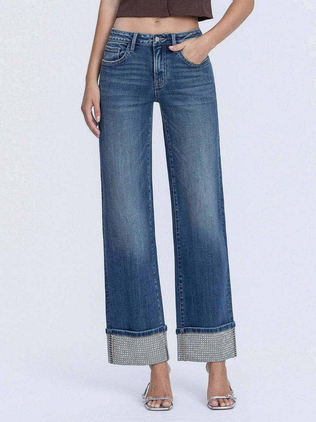 Mid Rise Mineral Silver Cuffed Slim Wide Jeans
