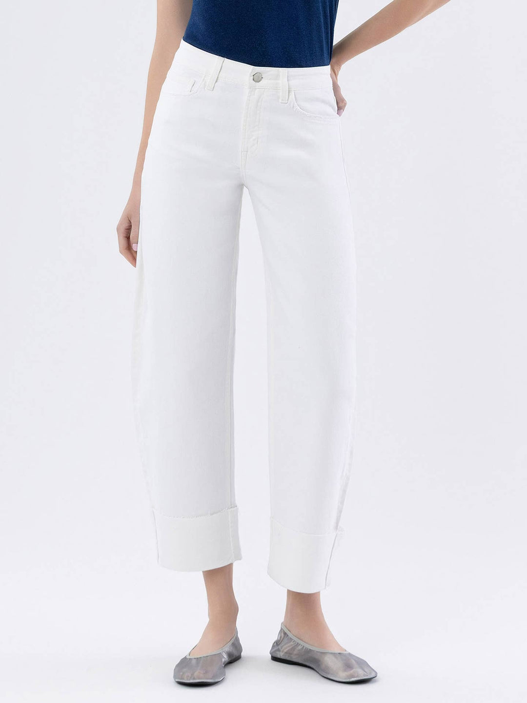 Optic White High Rise Cuffed Crop Barrel Jeans - Flying Monkey