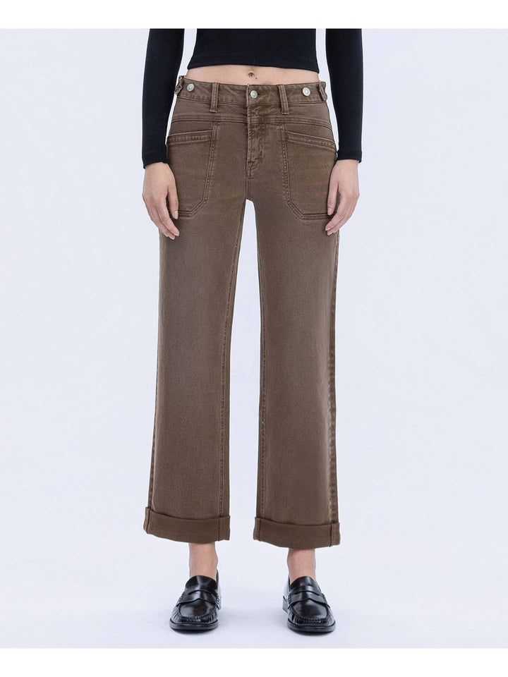 High Rise Tabbed Waistband Cuffed Slim Wide Jeans - Flying Monkey