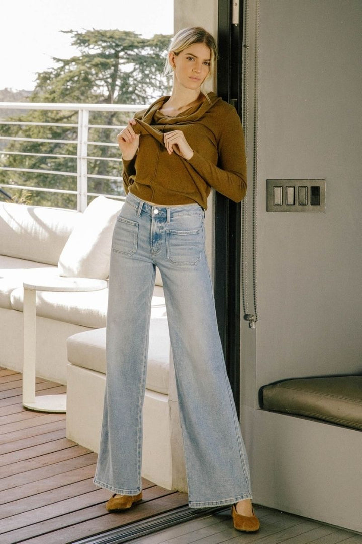 High Rise Patch Pocket Wide Leg Jeans - Flying Monkey