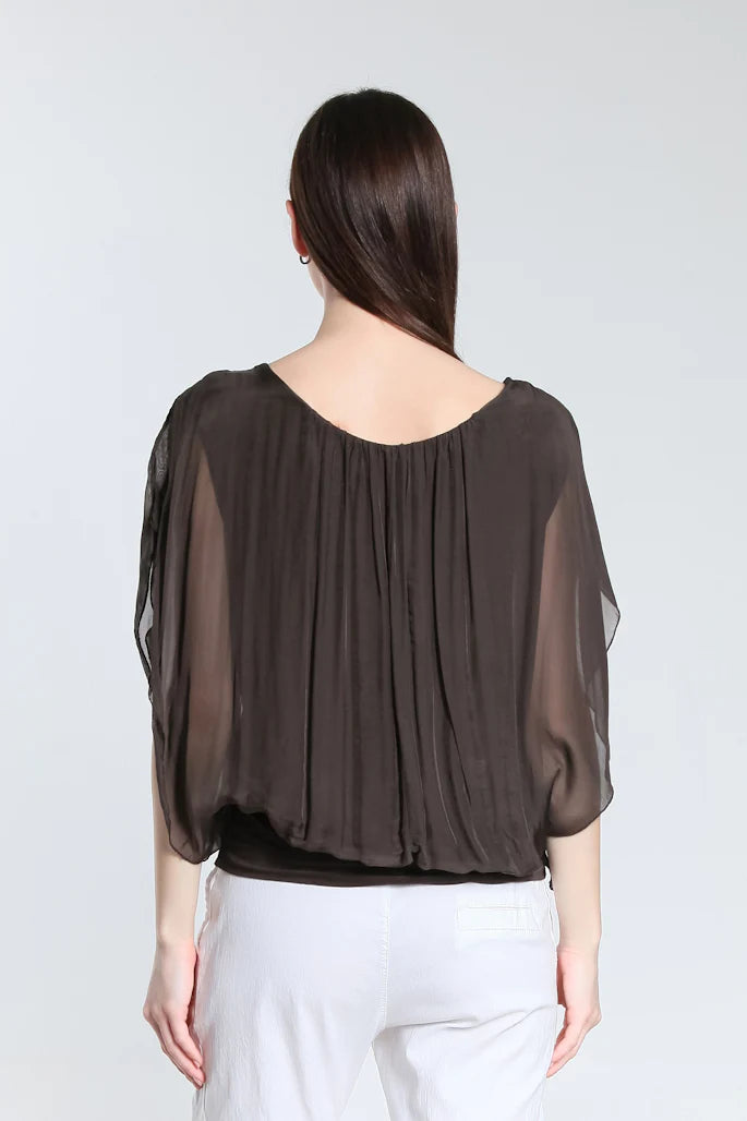 Aurora Flutter Fly Sleeve Silk Top w/ Band Bottom - Espresso - Tees By Tina